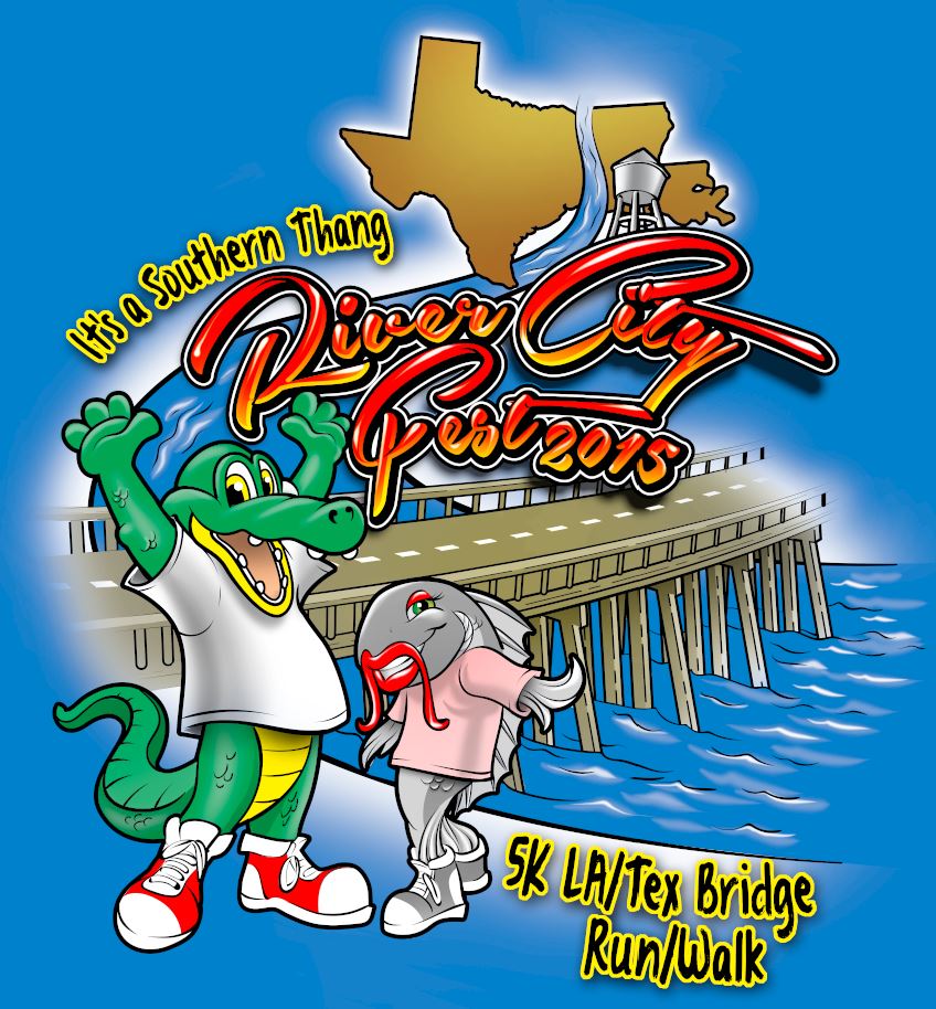 Maty gator and his catfish friend wearing running shoes for the 2015 River City Festival 5K Run/Walk